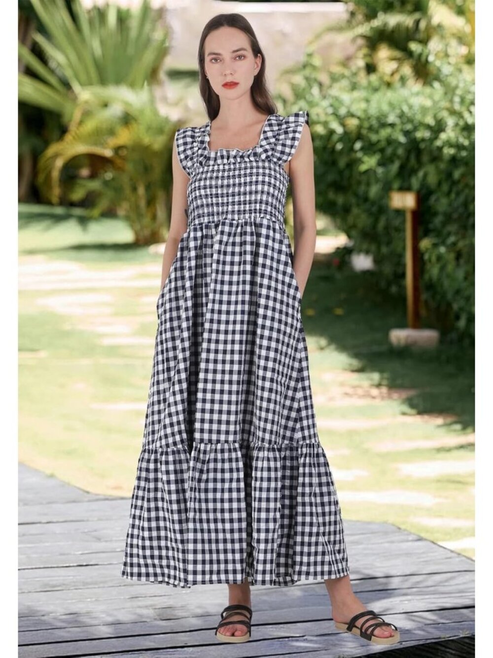 Women's Black Retro Plaid Smocked Spaghetti Strap Flounce Long Maxi Dress - Picture 2 of 6